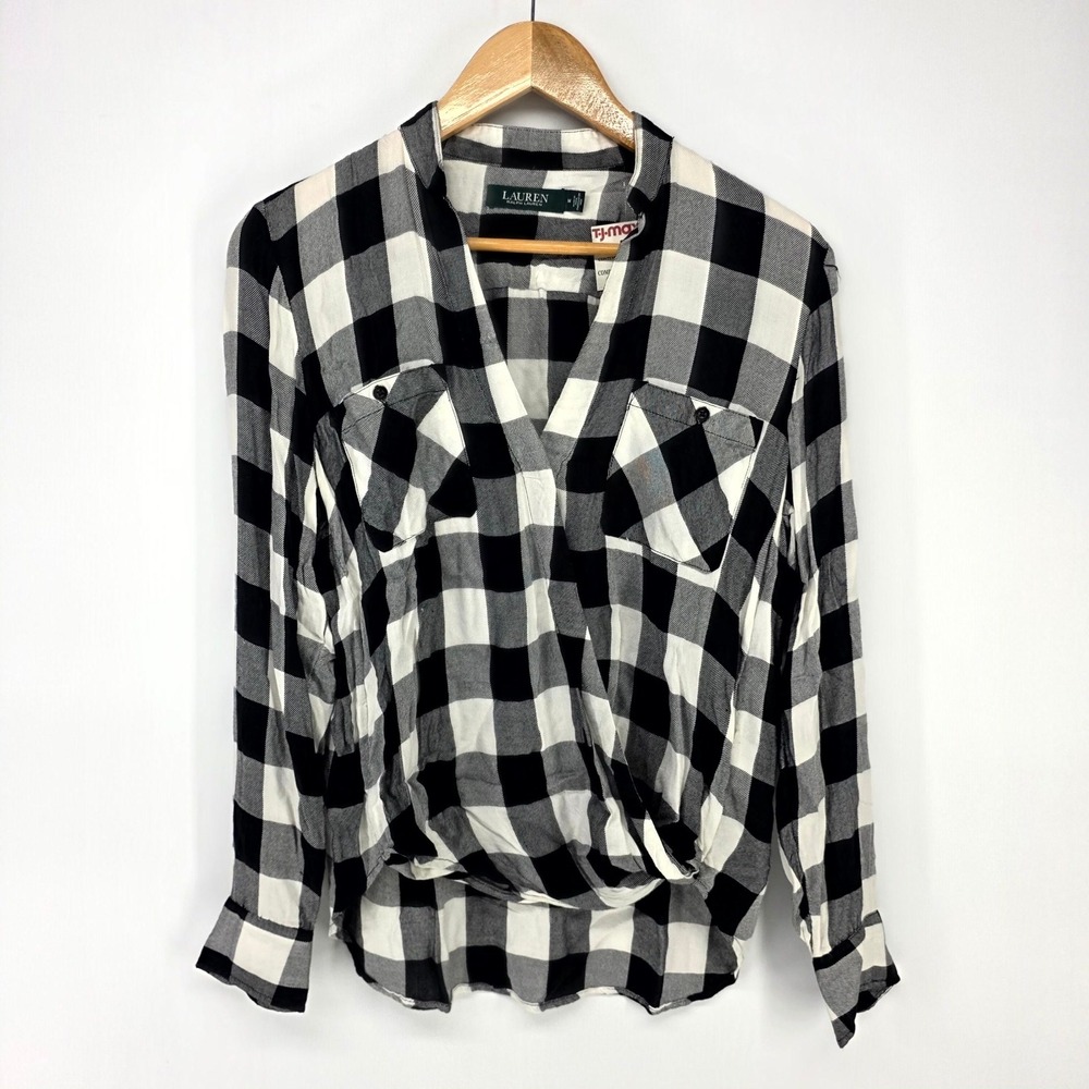 Lauren Ralph Lauren Top Women M Blk White Buffalo Plaid Wrap Front Draped Shirt